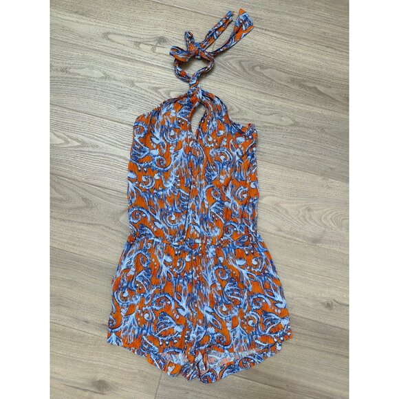 8BCBGMaxAzria XS Womens Orange & Blue Halter Neck Printed Romper - Picture 1 of 4